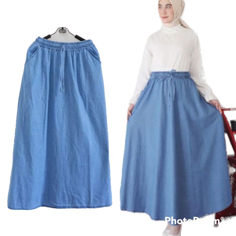 ROK WANITA PANJANG JEANS POLOS DENIM MURAH!! bawahan rok panjang jeans model Line A pinggang full karet-Light