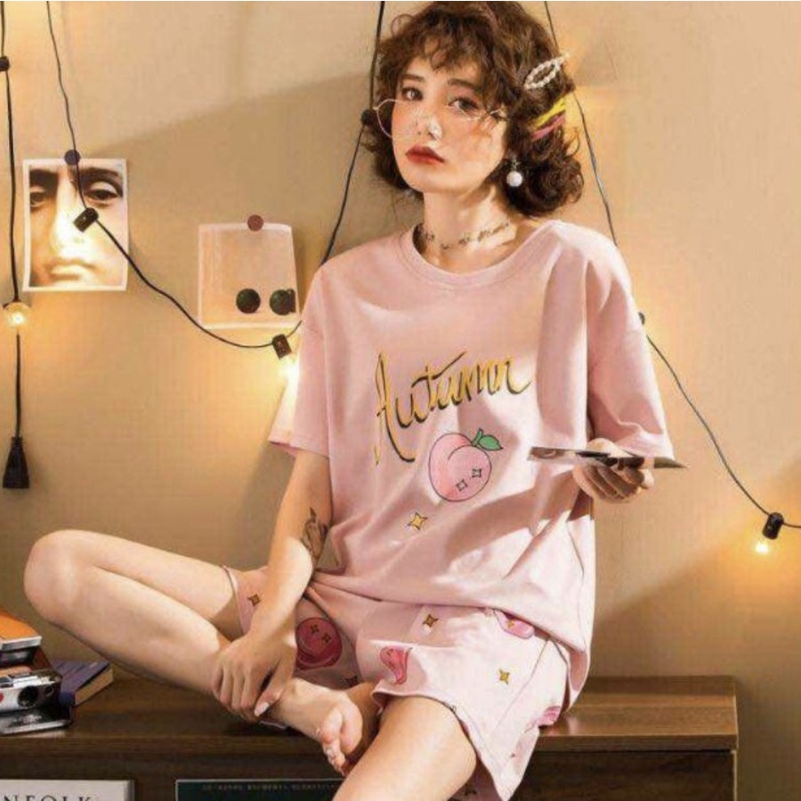 BAJU TIDUR KATUN IMPORT SETELAN CELANA PENDEK KARET SIZE M-L READY