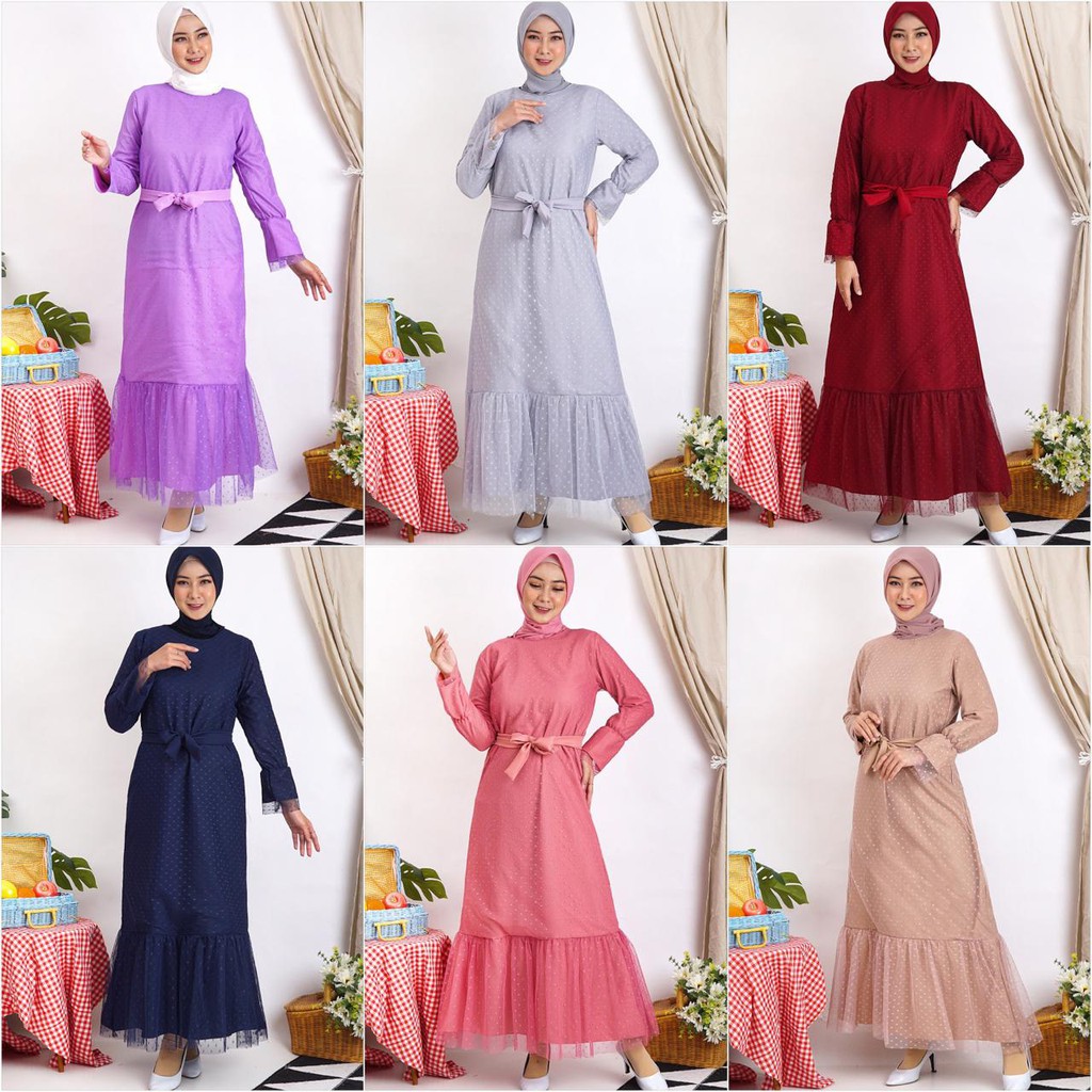 Gamis HALWA Tile Polkadot Maxi Dres Lebaran Long Dress Busana Muslim PESTA KONDANGAN BRIDESMAID