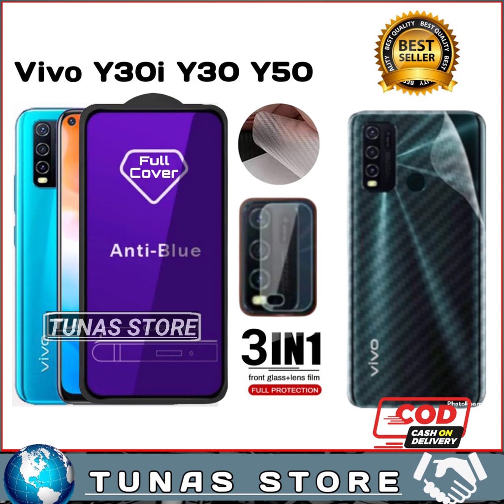 PAKET 3 IN 1 TEMPERED GLASS ANTI BLUE LIGHT Vivo Y30 Y30i Y50 TEMPERED CAMERA SKIN CARBON 3D - TG ANTI GORES KACA Vivo Y30 Y30i Y50 ANTI GORES CAMERA SKIN CARBON 3D