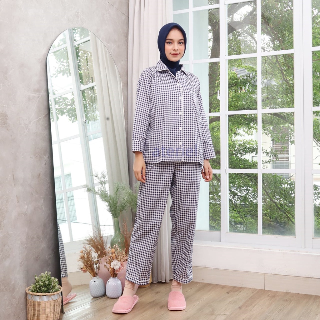ateriel - BAJU TIDUR LENGAN PANJANG PIYAMA KOREA BAHAN KATUN JEPANG KOTAK KOTAK SEDANG