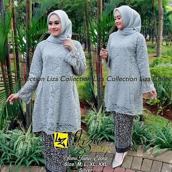 Setelan Kebaya Semi Tunik Elena Warna Silver Mix Plisket / Kebaya Modern