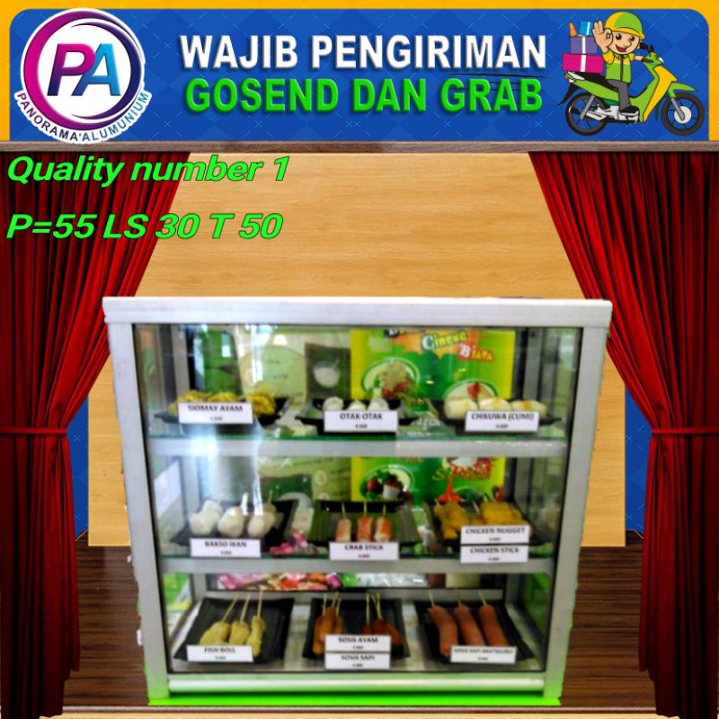 Etalase kaca untuk jualan makanan Bakso,mie ayam,jus DLL
