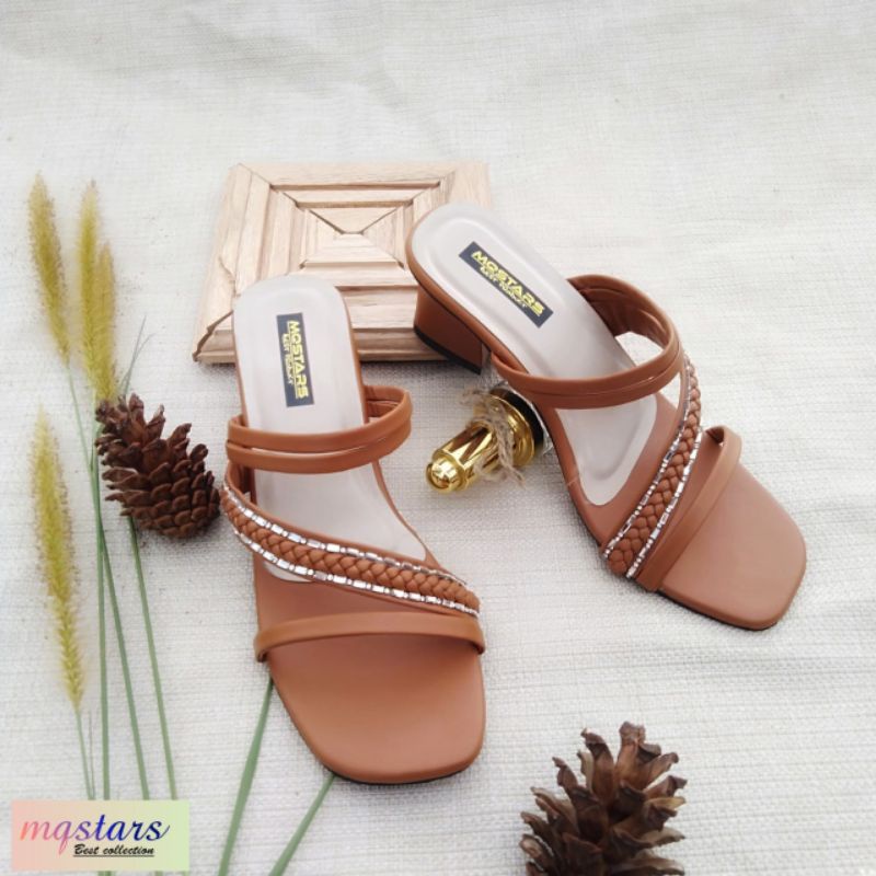 mqstars - Heels Hak Tahu 5 cm |Sandal Tali Kepang Mutiara