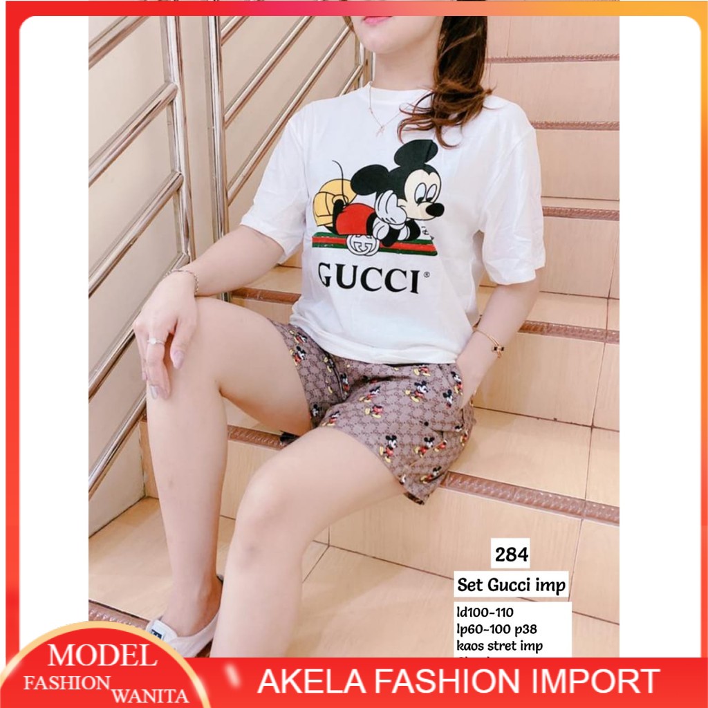 SETELAN KAOS WANITA PREMIUM BAJU KAOS ATASAN GUCCI+CELANA KANVAS SETELAN KAOS IMPORT MURAH 284