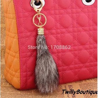 Best Seller // Gantungan Tas Bulu Rubah Asli Kristal Genuine Bag Charm Fox Tail Mini - Cokelat