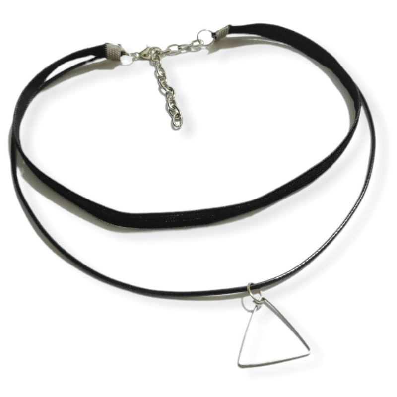 Black Double Layer Triangle Velvet Choker Necklace Kalung Segitiga Multilayer Dua Lapis