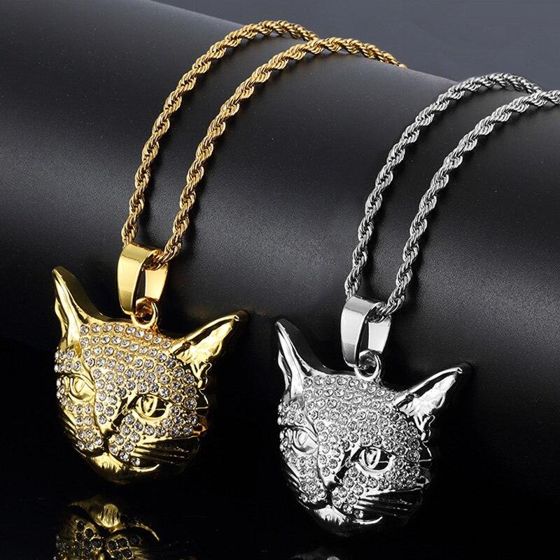 Kalung Rantai Liontin Kepala Kucing Bahan Zirkon Warna Emas Gaya Vintage Untuk Pria Dan Wanita