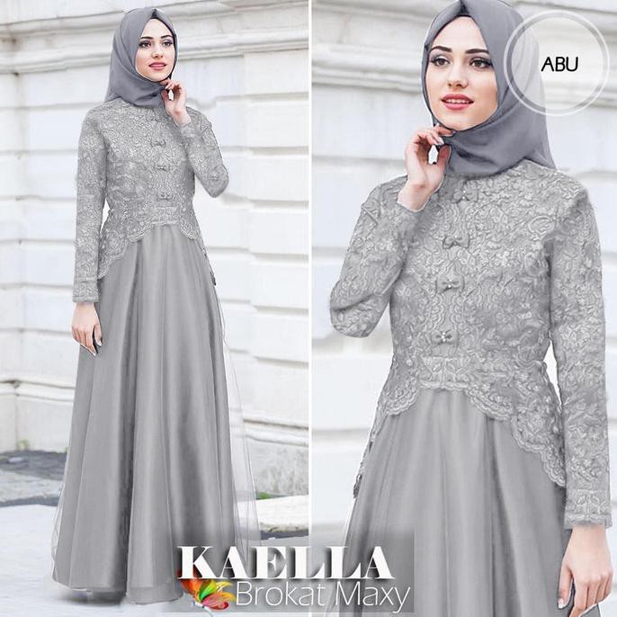 GAMIS PESTA BROKAT TERBARU KAELA ABU / SILVER GAMIS WANITA TERBARU