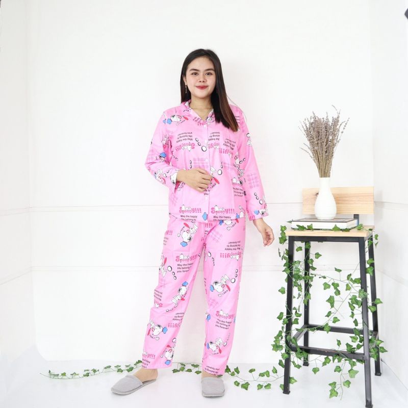 Piyama Wanita Lengan Panjang PP Motif Bunga Set Piyama Baju Tidur Wanita Remaja Baju Tidur ABG-PP snoppy pink