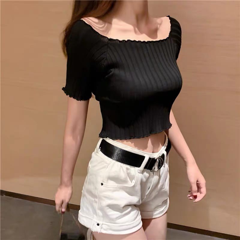 【SALE】Korean Sabrina Crop Top Atasan Wanita Lengan Pndek C051