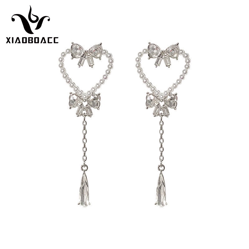 XiaoboACC Anting Tusuk Silver S925 Bentuk Pita Aksen Zircon + Mutiara Imitasi Untuk Perhiasan Wanita