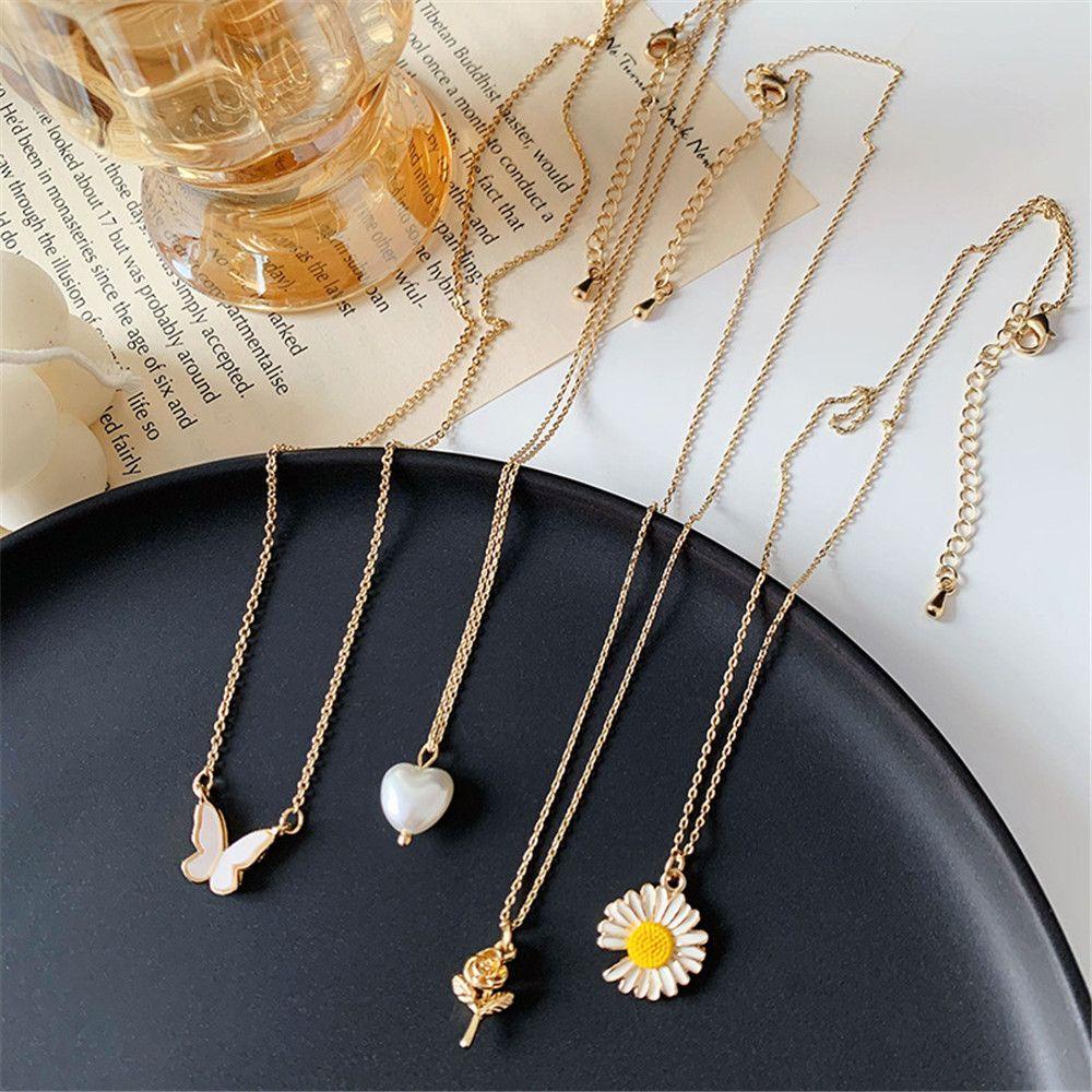 TOP Kalung Krisan Butterfly Perhiasan Mutiara Imitasi Liontin Alloy Untuk Wanita