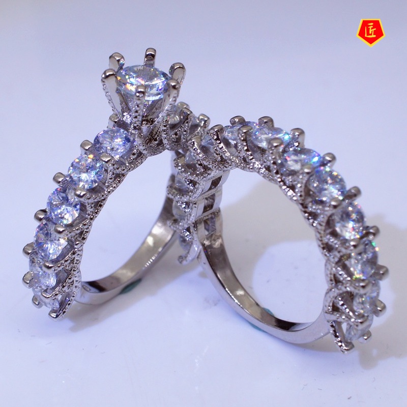 [Ready Stock]Classic round Full Diamond Ring Set Luxury Fashion