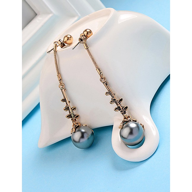 LRC Anting Tusuk Fashion Bronze Long Leaf Pearl Stud Earrings F55508