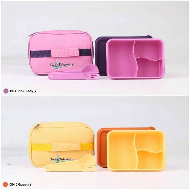 Multi Meal Set Tulipware Tempat Makan 3 Sekat Wadah Bekal Tas Cantik Wanita Kotak Nasi Sendok Garpu