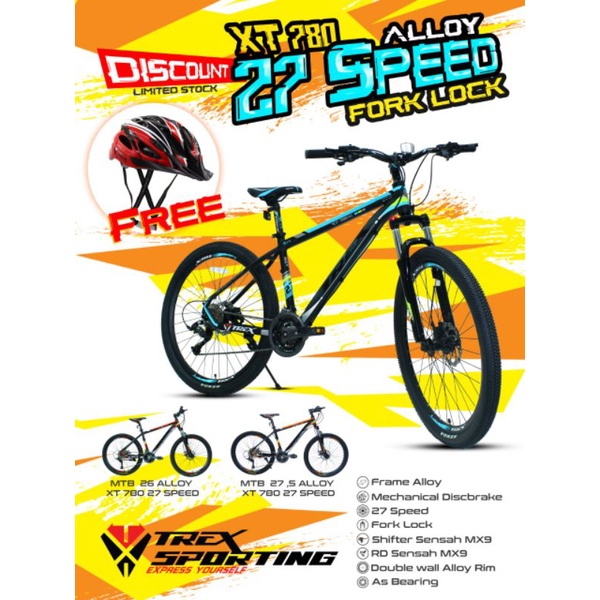 SEPEDA GUNUNG MTB 26 / 27,5 INCH TREX XT 780 AL FRAME ALLOY 27 SPEED FORKLOCK MURAH ORIGINAL TREX SU