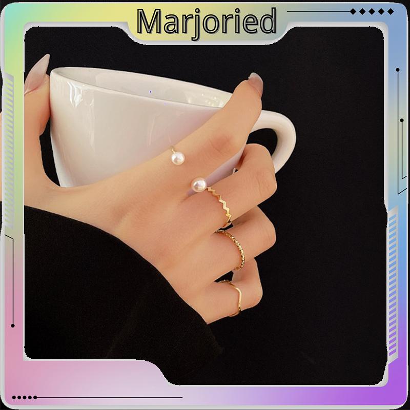 4 Pcs/set Korea Cincin Emas Untuk Wanita Sederhana Mutiara Elegan Cincin Set Dapat Disesuaikan Terbuka Perhiasan Hadiah-MJD