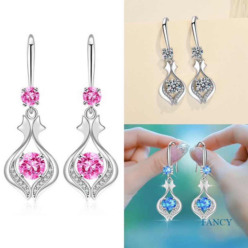 Anting Juntai Cubic Zircon Warna Putih Pink Biru Untuk Wanita