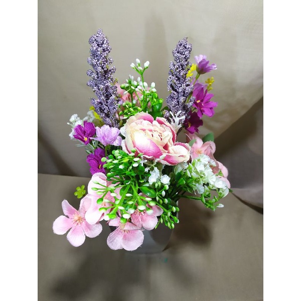 Bunga rangkai artificial campur 382 + pot/tanaman palsu/bunga palsu