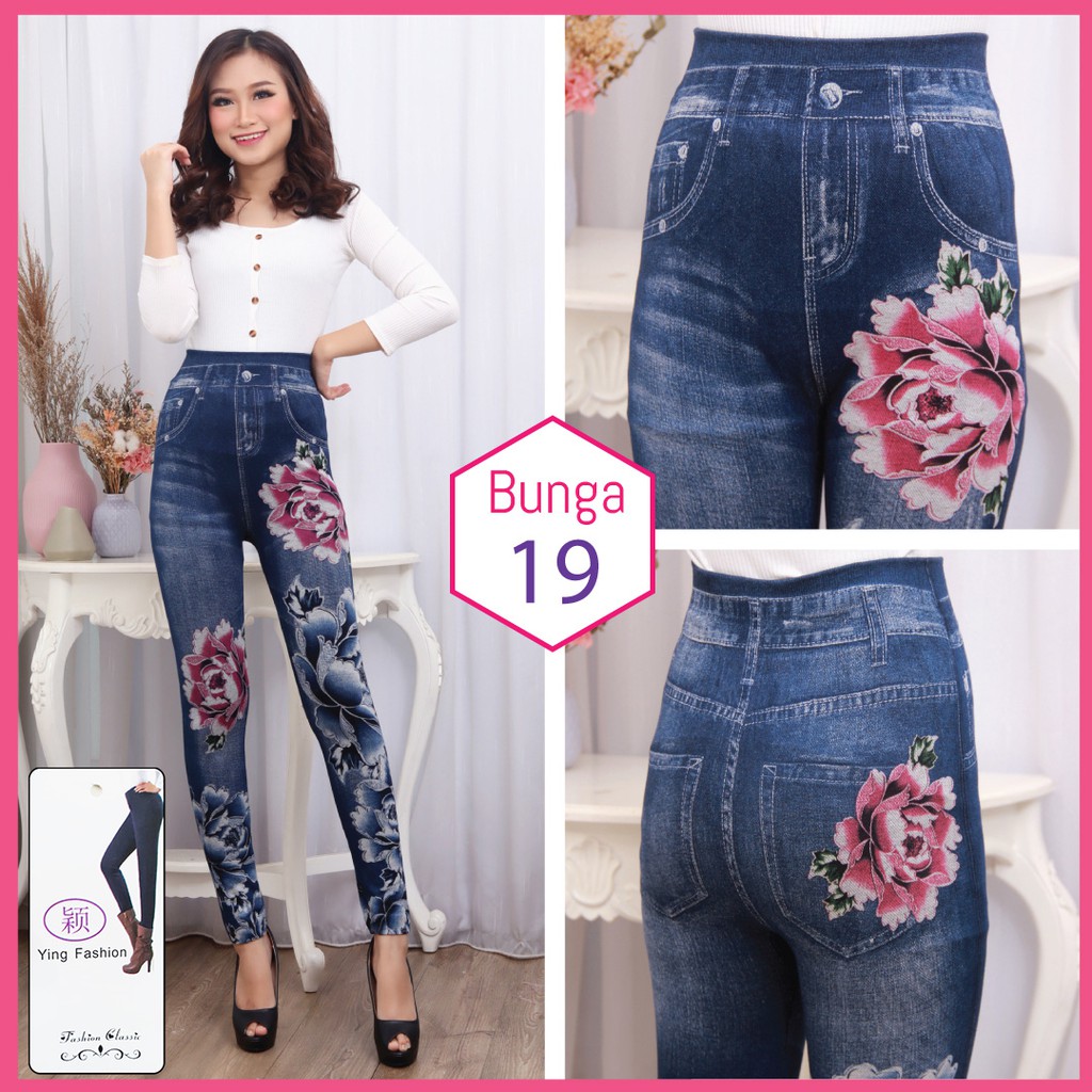 legging Jeans Bunga # 19 / Legging Bunga Wanita / Legging Jeans Wanita