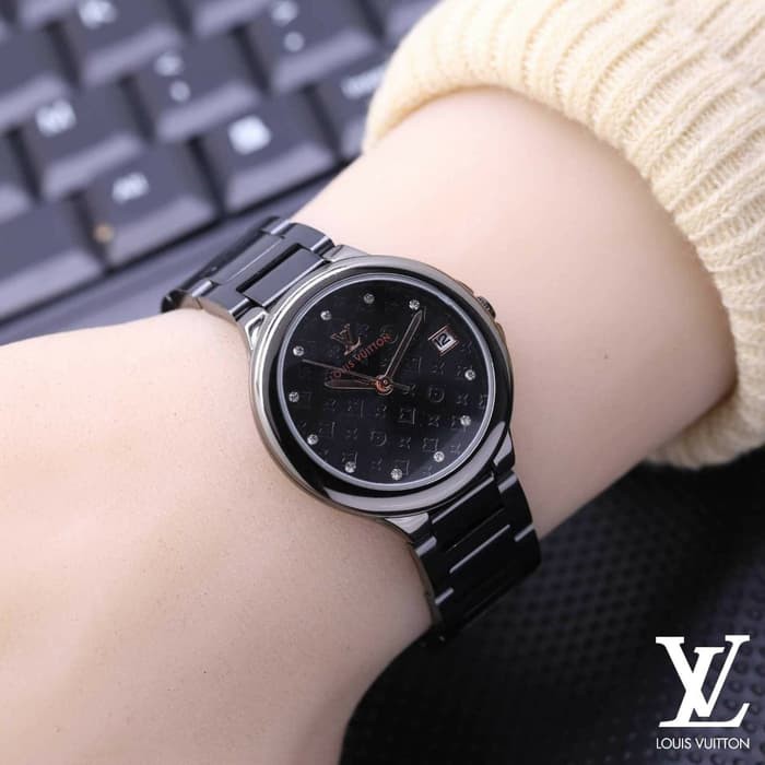 Jam Tangan Wanita Cewek Louis Vuitton LV Logo Rantai Full Black