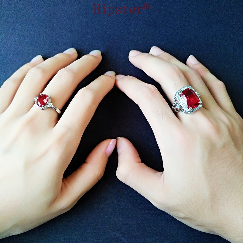 New Retro Trendy Light Luxury Full Diamond Ruby Couple Couple Rings