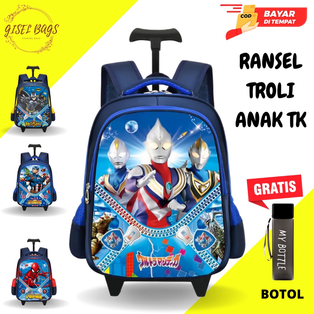 GB-Tas ransel troli laki laki anak TK tas ransel troli karakter superhero timbul tas ransel troli import