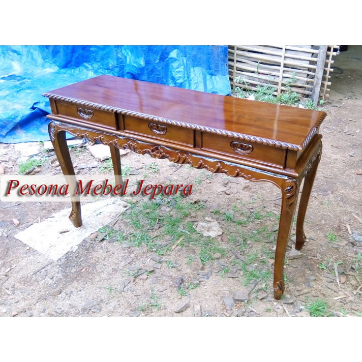 Meja Console atau Konsul Ukir Laci 3 Kayu Jati Pesona Mebel Jepara