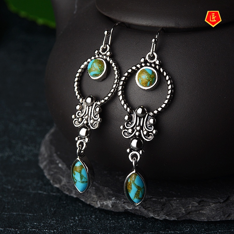 [Ready Stock]Women's Retro Silver Inlaid Turquoise Eardrops Earrings