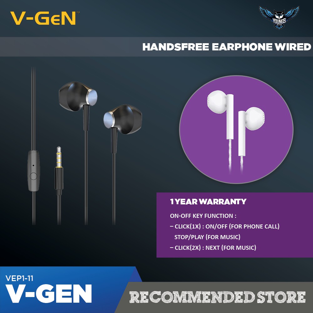 EARPHONE V-GEN VEP1-11 ORIGINAL HANDSFREE WIRED XTRA BASS HD SOUND VGEN