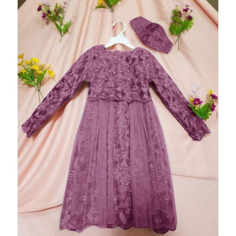 (NEW) BAJU DRESS GAMIS ANAK KIDS FULL BROKAT BRUKAT PESTA KONDANGAN UMROH FREE MASKER IMPORT ANAK WA