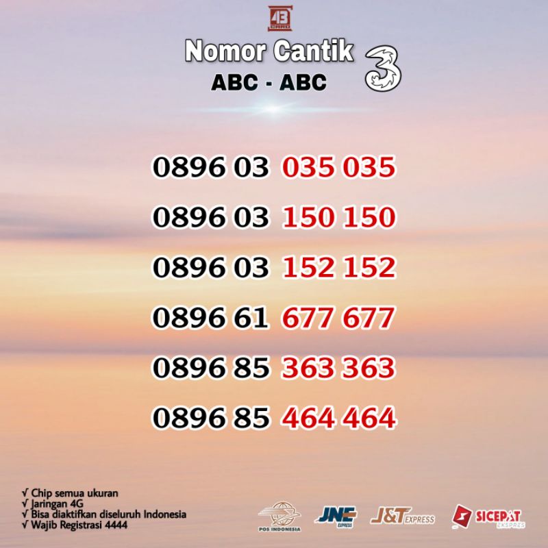 Nomor Cantik Kartu 3 tri three Seri Double ABC - ABC