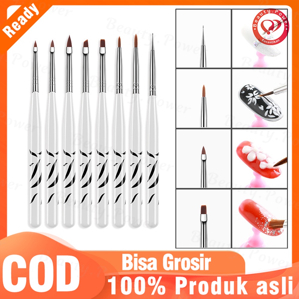 8Pcs Profesional Zebra Kuku Pena UV Gel Polandia Liner Sikat Pena Akrilik Bahasa Perancis Kuas Set Dotting Menggambar Lukisan Alat Salon