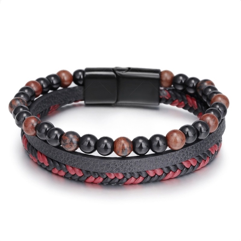Gelang Manik-Manik Batu Vulkanik Tiger Eye Bahan Kulit Gaya Vintage Untuk Pria