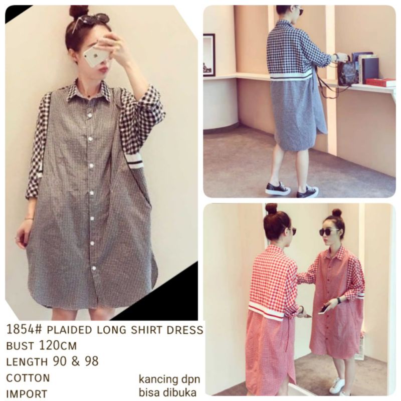 MDLV ~ 1854# Plaided Long Shirt Dress Kemeja Kotak Fashion Import