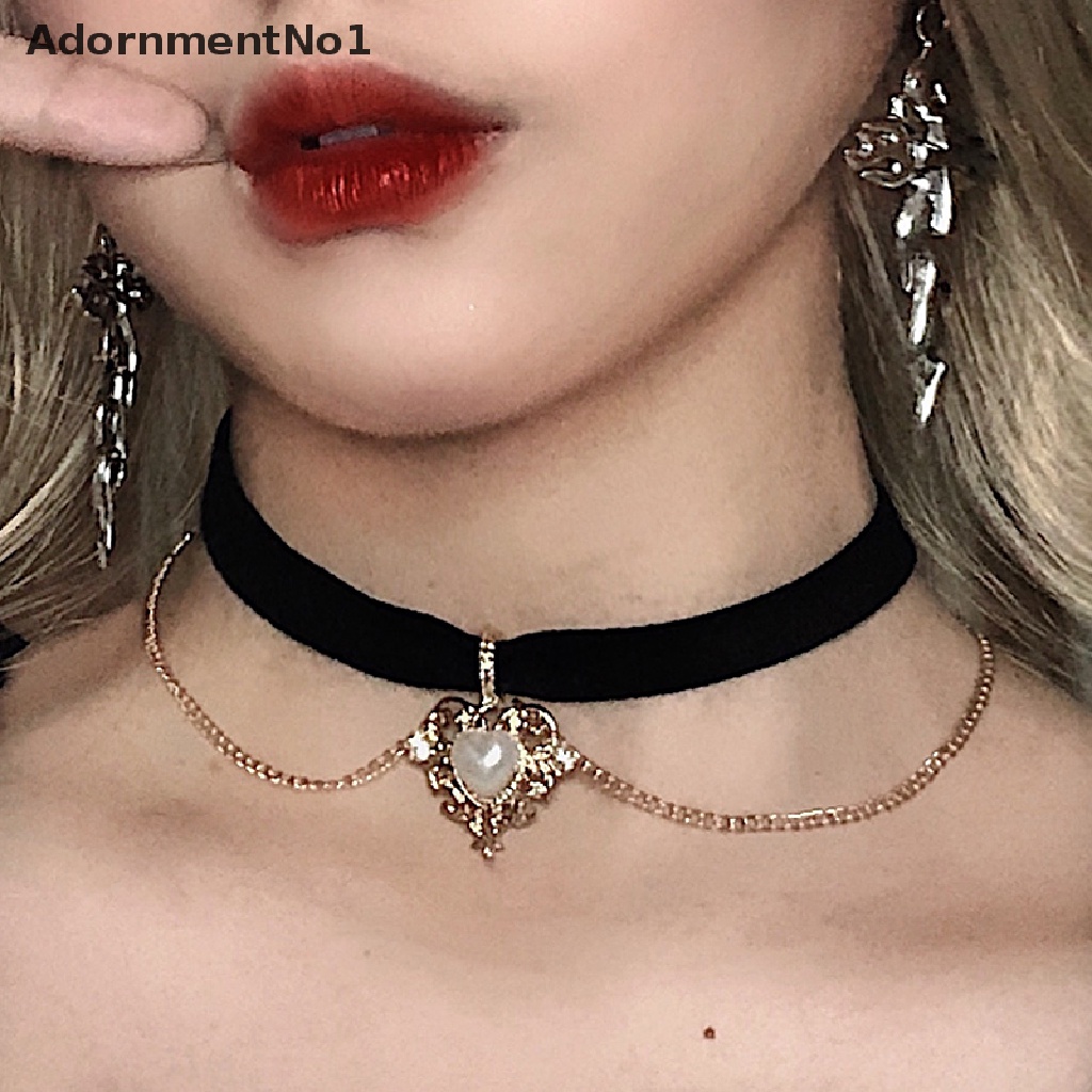 (AdornmentNo1) Kalung Choker Velvet Hitam Pendan Hati Gaya Vintage Untuk Wanita