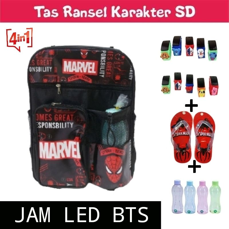 Tas sekolah anak laki laki berhadiah jam tangan led BTS karakter marvel