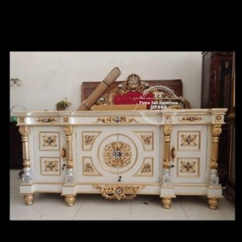 Bufet meja tv ukir panjang 2 meter - Bupet hias pajangan kayu jati warna putih duco