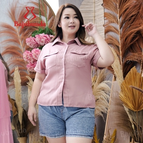 KEMEJA WANITA JUMBO BIG SIZE POLOS LENGAN PENDEK BAJUBUNDA RENATA-DOVE