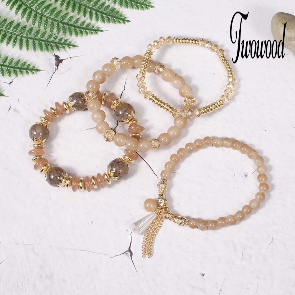 4pcs / Set Gelang Rantai Manik-Manik Mutiara Batu Akik Palsu Gaya Boho Untuk Wanita