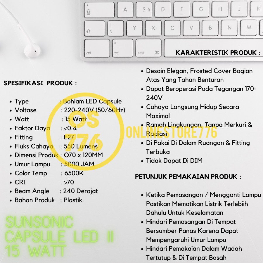 Bohlam Lampu LED Sunsonic Capsule 15 Watt Hemat Energi Lampu - Putih