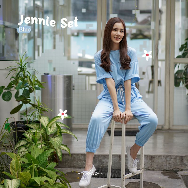 COCO - JENNIE SET - Celana Panjang - Setelan Wanita - Homewear - Pakaian Wanita - Piyama Wanita - Dailywear - Set Wanita-Blue