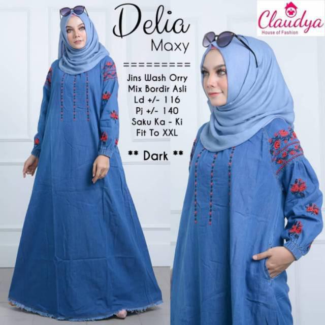 Delia Maxy Jeans Bordir Long Dress Jumbo