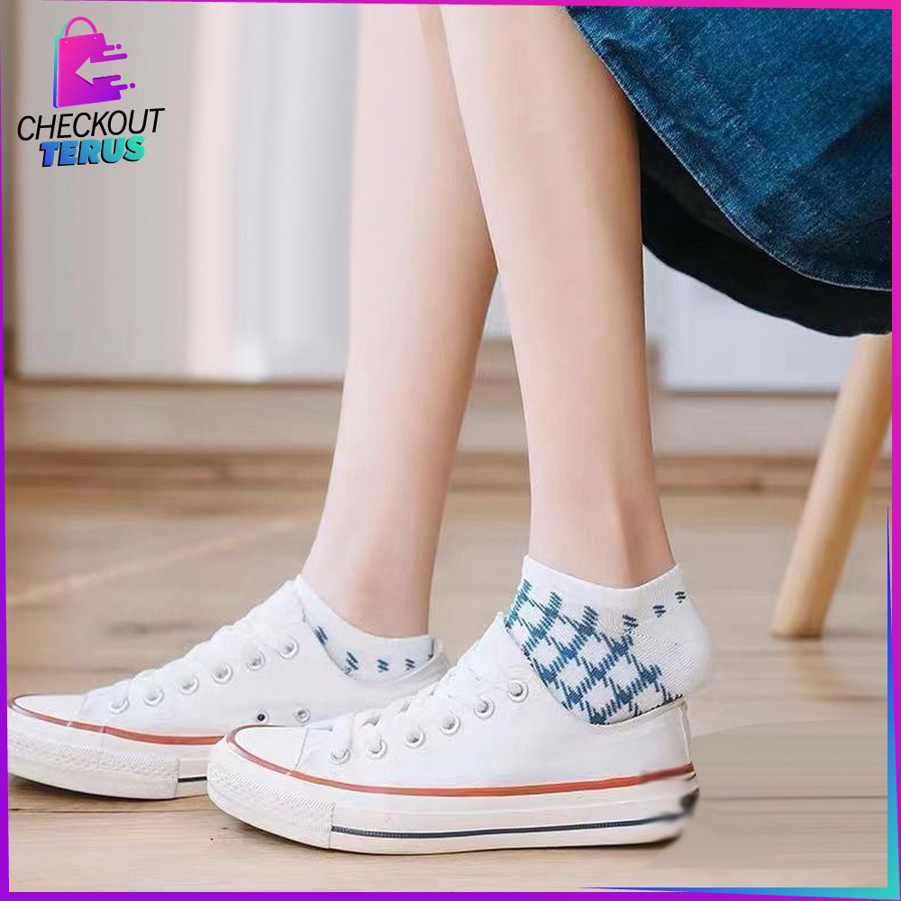 CT P187 Kaos Kaki Pendek Wanita Motif Kotak Biru Kaus Kaki Pendek Wanita Dewasa Fashion Korean Style