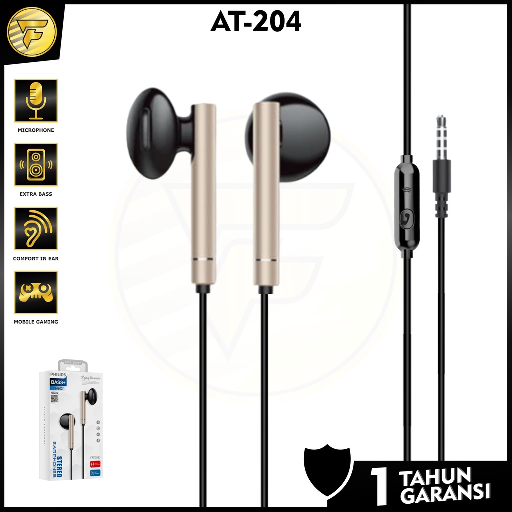 Earphone Philips T204 Metal Body stereo bass music telfon headset mic