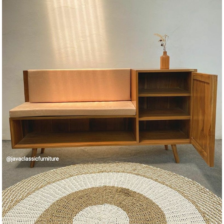 BUFET NAKAS TEMPAT SEPATU MINIMALIS SCANDINAVIA VINTAGE DUDUKAN BANGKU JOK SANTAI BAHAN KAYU JATI FINISHING NATURAL-1