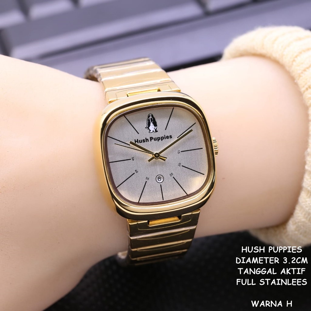 (GOOD QUALITY) Jam Tangan Wanita/Cewek Hush Puppies Segi Full Stainless Tanggal Aktif