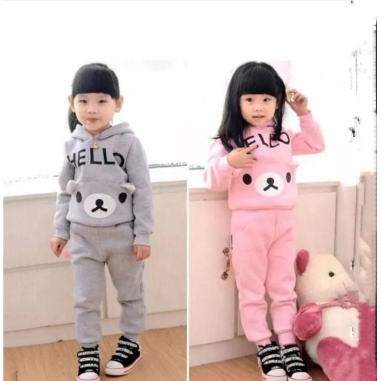 setelan HODDIE anak perempuan terbaru motif HELLO 1-5 tahun