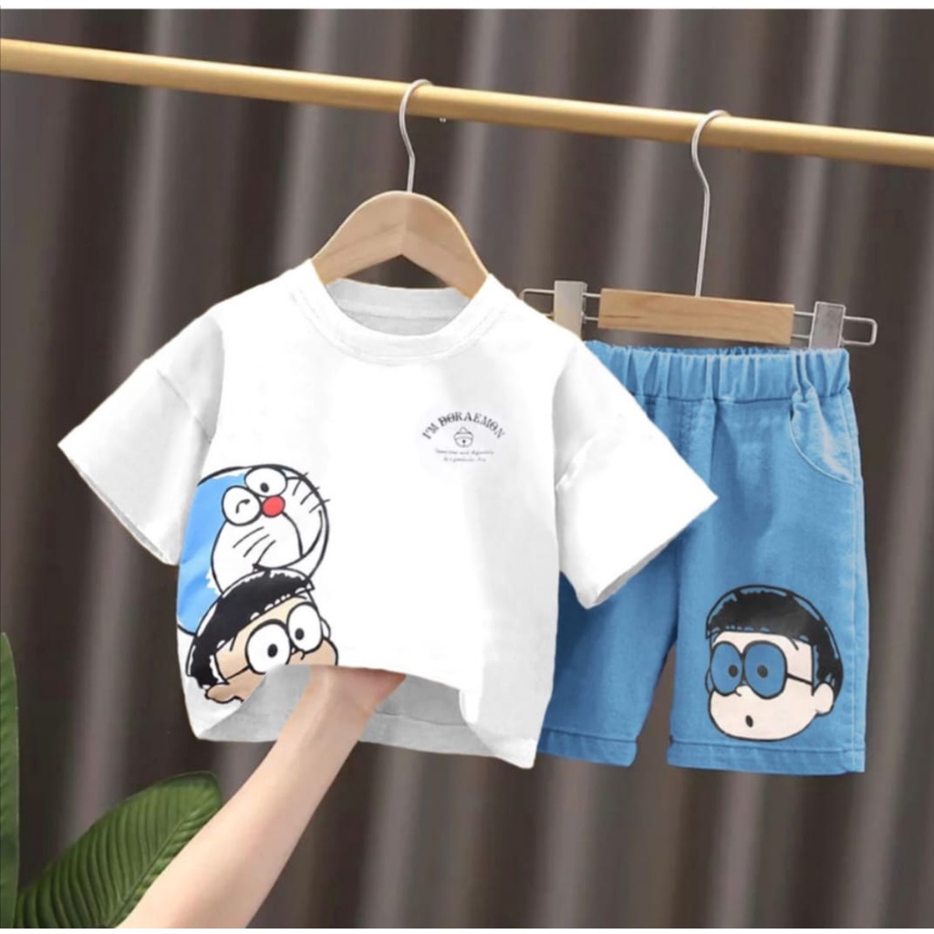JEANS SET | SETELAN SOFT JEANS DENIM ANAK LAKI-LAKI DAN PEREMPUAN TRENDY SETELAN DORAEMON CELANA PENDEK SOFT JEANS 1-5 TAHUN